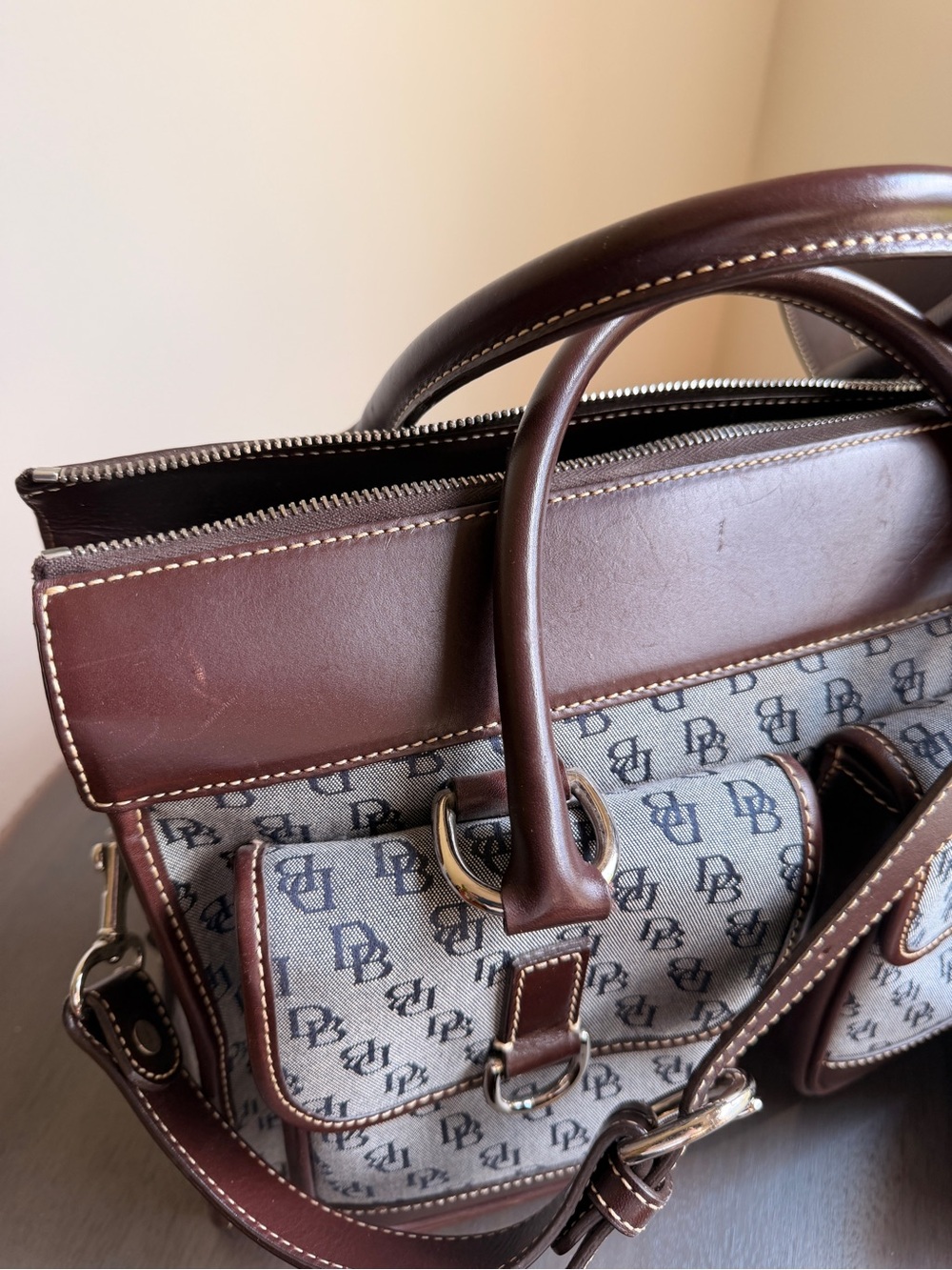 Dooney & Bourke Signature DB Double Pocket Tote w/ Matching Pouch, Pre-Owned - Picture 2 of 15